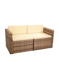 Salotto da giardino Beigi 4 pz, Struttura: rattan sintetico, Sottostruttura: metallo, Rivestimento: tessuto, Piano del tavolo: vetro, Marrone, Set in varie misure