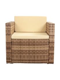 Salotto da giardino Beigi 4 pz, Struttura: rattan sintetico, Sottostruttura: metallo, Rivestimento: tessuto, Piano del tavolo: vetro, Marrone, Set in varie misure