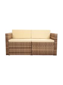 Salotto da giardino Beigi 4 pz, Struttura: rattan sintetico, Sottostruttura: metallo, Rivestimento: tessuto, Piano del tavolo: vetro, Marrone, Set in varie misure