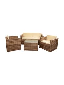 Salotto da giardino Beigi 4 pz, Struttura: rattan sintetico, Sottostruttura: metallo, Rivestimento: tessuto, Piano del tavolo: vetro, Marrone, Set in varie misure