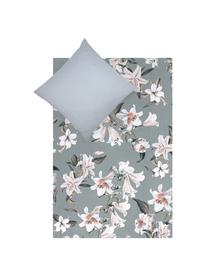 Baumwollsatin-Bettwäsche Flori in Grau mit Blumen-Print, Webart: Satin Fadendichte 210 TC,, Vorderseite: Blau, Cremeweiß Rückseite: Blau, 155 x 220 cm + 1 Kissen 80 x 80 cm