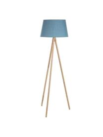 Lámpara de pie Wallas, Patas: madera de roble, Pantalla: lino, Azul, beige, Ø 52 x Al 152 cm