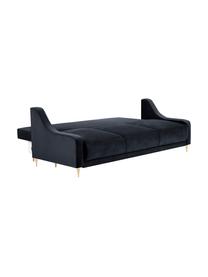 Divano letto 3 posti in velluto blu scuro con contenitore Lea, Rivestimento: velluto di poliestere Il , Piedini: metallo verniciato a polv, Velluto blu scuro, ottonato, Larg. 215 x Alt. 94 cm