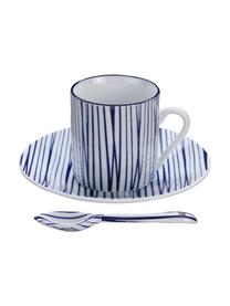 Set de tazas con platitos y cucharita de porcelana Nippon, 4 uds., Porcelana, Azul, blanco, Ø 5 x Al 6 cm, 80 ml