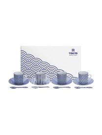 Handgemachte Porzellan-Espressotassen Nippon mit Untertassen und Löffeln, 4er-Set, Porzellan, Blau, Weiß, Ø 5 x H 6 cm, 80 ml