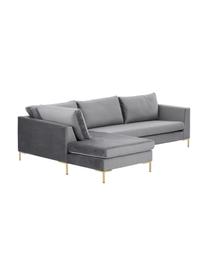 Sofa narożna z aksamitu z metalowymi nogami Luna, Tapicerka: aksamit (poliester) Dzięk, Nogi: metal galwanizowany, Ciemnoszary aksamit, złoty, S 280 x G 184 cm, lewostronna