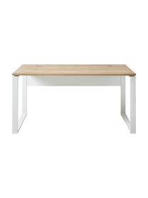 Bureau Lioni van hout en metaal, Tafelblad: spaanplaat met folie van , Frame: gepoedercoat metaal, Wit, hout met Navarra eikeneffect, B 158 x D 79 cm
