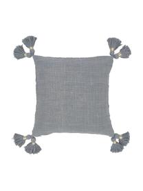 Housse de coussin en coton bio grossièrement tissé à houppes Fly, Gris clair