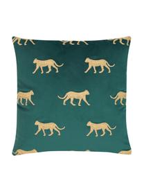 Geborduurde fluwelen kussenhoes Cheetah in groen/goudkleur, Polyester fluweel, Donkergroen, goudkleurig, B 40 x L 40 cm