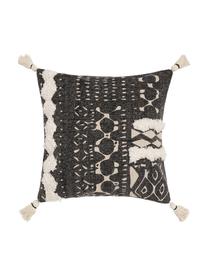 Boho-Kissenhülle Boa mit Hoch-Tief-Muster und Quasten, 100% Baumwolle, Schwarz, Weiß, 45 x 45 cm