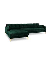 Fluwelen hoekbank Mamaia (5-zits), Frame: massief grenenhout, spaan, Fluweel flessengroen, messingkleurig, B 293 x D 185 cm, hoekdeel links