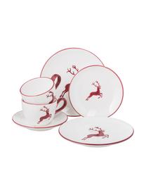 Handbeschilderde koffieservies Classic Red Deer, 2 personen (6-delig), Keramiek, Bordeauxrood, wit, Set met verschillende formaten