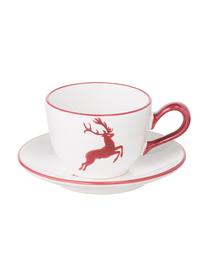 Handbeschilderde koffieservies Classic Red Deer, 2 personen (6-delig), Keramiek, Bordeauxrood, wit, Set met verschillende formaten