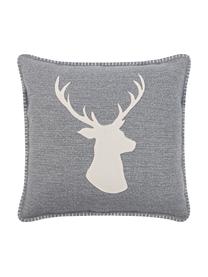 Housse de coussin 45x45 tête de cerf Deer, 100 % polyester, Gris, blanc, larg. 45 x long. 45 cm