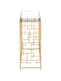 Sidetable Nola van glas en goudkleurig metaal, Tafelblad: glas, Frame: gecoat metaal, Goudkleurig, B 120 x D 35 cm