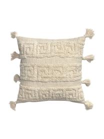 Federa arredo boho con modello a rilievo e nappe Hera, 100% cotone, Color crema, Larg. 45 x Lung. 45 cm