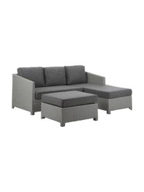 Loungeset Conmay, 3-delig, Frame: aluminium, kunstrotan, Bekleding: Olefin, Tafelblad: glas, Frame: grijs. Bekleding: donkergrijs. Tafelblad: transparant, Set met verschillende formaten