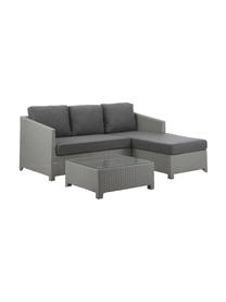 Loungeset Conmay, 3-delig, Frame: aluminium, kunstrotan, Bekleding: Olefin, Tafelblad: glas, Frame: grijs. Bekleding: donkergrijs. Tafelblad: transparant, Set met verschillende formaten