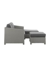 Loungeset Conmay, 3-delig, Frame: aluminium, kunstrotan, Bekleding: Olefin, Tafelblad: glas, Frame: grijs. Bekleding: donkergrijs. Tafelblad: transparant, Set met verschillende formaten