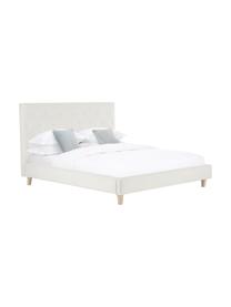 Gestoffeerd bed Serene in beige, Frame: massief grenenhout en pla, Bekleding: polyester (gestructureerd, Poten: massief eikenhout, Geweven stof beige, 160 x 200 cm