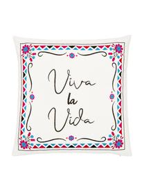 Bunt bestickte Kissenhülle Viva la Vida aus Baumwolle, 100% Baumwolle, Cremeweiß, Mehrfarbig, B 45 x L 45 cm