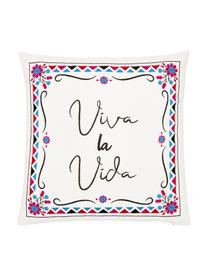 Housse de coussin 45x45 ethno brodée Viva la Vida, 100 % coton, Blanc crème, multicolore, larg. 45 x long. 45 cm