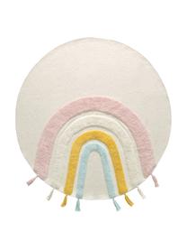 Tapis enfant avec houppes Thaide, 100 % coton bio, certifié GOTS, Blanc crème, rose, blanc, bleu, jaune, Ø 100 cm (taille XS)