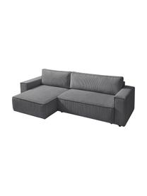 Divano letto angolare in velluto a coste grigio scuro con contenitore Nihad, Rivestimento: corda di poliestere, Sottostruttura: legno, molle Nosag, Piedini: plastica, Grigio scuro, Larg. 282 x Prof. 153 cm