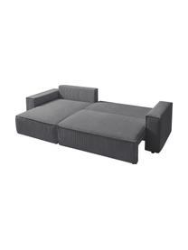 Divano letto angolare in velluto a coste grigio scuro con contenitore Nihad, Rivestimento: corda di poliestere, Sottostruttura: legno, molle Nosag, Piedini: plastica, Grigio scuro, Larg. 282 x Prof. 153 cm