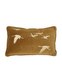 Zamatový vankúš s motívom žeriava Crane Bird, s výplňou, Horčicová, odtiene zlatej, Š 30 x D 50 cm