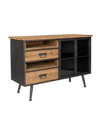 Dressoir Damian van hout en metaal, Kastbodem, frame, handvat en poten: grijs. Lades: dennenhoutkleurig, 113 x 75 cm