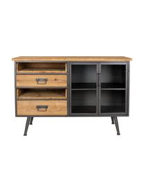 Dressoir Damian van hout en metaal, Kastbodem, frame, handvat en poten: grijs. Lades: dennenhoutkleurig, 113 x 75 cm