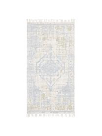 Tapis fin en coton beige-bleu vintage tissé main Jasmine, Tons bleus et blancs, larg. 70 x long. 140 cm (taille XS)