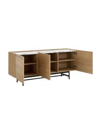 Eikenhouten dressoir Carare, Frame: MDF met eikenhoutfineer, Poten: gecoat metaal, Tafelblad: MDF, in folie, Bruin, zwart, wit, gemarmerd, 160 x 70 cm