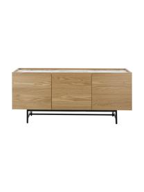 Eikenhouten dressoir Carare, Frame: MDF met eikenhoutfineer, Poten: gecoat metaal, Tafelblad: MDF, in folie, Bruin, zwart, wit, gemarmerd, 160 x 70 cm