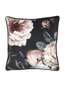 Samt-Kissenhülle Blossom mit Blumen-Print, 100% Polyestersamt, Schwarz, Bunt, mit Blumenmuster, B 45 x L 45 cm