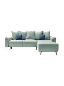 Divano letto angolare in tessuto verde menta con contenitore Mola, Rivestimento: 100% poliestere, Struttura: legno, truciolato, Piedini: legno, Verde menta, blu scuro, Larg. 245 x Prof. 164 cm