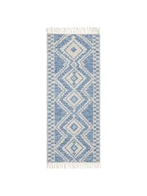 Tapis de couloir laine bleu Cindrella, Blanc naturel, bleu