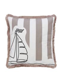 Gestreifte Kissenhülle Maila mit Maritim-Motiv aus Bio-Baumwolle, 100% GOTS-zertifizierte Bio-Baumwolle, Weiß,Beige, B 45 x L 45 cm