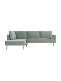 Sofa narożna z aksamitu z nogami z drewna dębowego Saint (3-osobowa), Tapicerka: aksamit (poliester) Dzięk, Szałwiowozielony aksamit, S 243 x G 220 cm