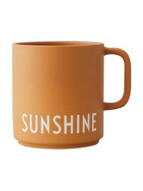 Design koffiemok Favourite SUNSHINE in mosterdgeel met opschrift, Fine Bone China (porselein), Mosterdgeel, wit, Ø 10 x H 9 cm