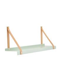 Metalen wandplank Shelfie met leren riemen, Plank: gepoedercoat metaal, Riemen: leer, Mintgroen, bruin, 50 x 23 cm