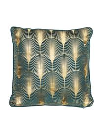 Fluwelen kussen Whety met glanzende art decovprint, met vulling, 100% fluweel, bedrukt, Petrolkleurig, goudkleurig, B 45 x L 45 cm