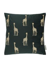 Cuscino con imbottitura in velluto ricamato Giraffe, 100% velluto (poliestere), Verde, dorato, Larg. 45 x Lung. 45 cm