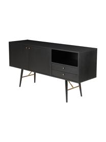 Zwart dressoir Verona met deuren, Frame: MDF met gelakt eikenhoutf, Poten: gepoedercoat metaal, Zwart, messingkleurig, 160 x 45 cm