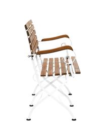 Banco con reposabrazos de exterior plegable Parklife, Asiento: madera de acacia aceitada, Estructura: metal galvanizado con pin, Blanco, acacia, An 111 x F 59 cm