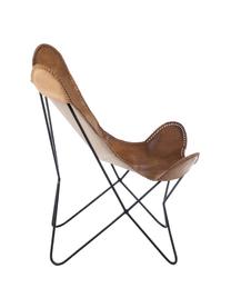 Butterfly fauteuil Brady van leer, Zitvlak: geitenleer, Frame: gelakt metaal, Bruin, B 67 x D 73 cm