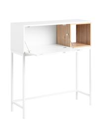 Wit bureau Satley met opbergruimte, Frame: gelakt MDF, Poten: gepoedercoat metaal, Wit, eikenhoutkleurig, B 92 x D 30 cm