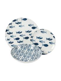 Serviesset met patroon Playa in blauw/wit, 6 personen (18-delig), Porselein, Blauw, wit, Set met verschillende formaten