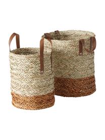 Set de cestas artesanales de mimbre Mahika, 2 uds., Asas: cuero sintético, Beige, Set de diferentes tamaños